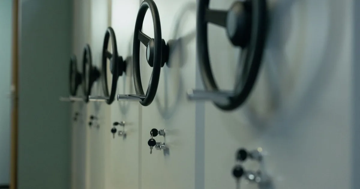 A row of secure archive cabinets with keyed wheel handles.