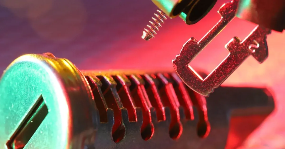 A close-up of a lock cylinder and key under red and green light.